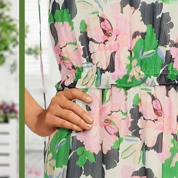 NWT TOMMY HILFIGER Isla Floral Print Chiffon V-Neck Tie Shoulder Midi Dress 
